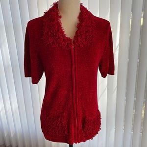 Red Chenille Zip Front Sweater M